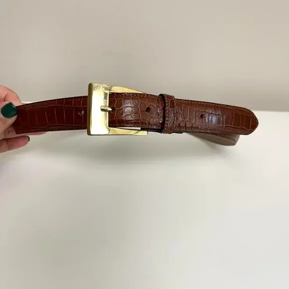 Talbots‎ Brown Genuine Leather Brown Croc Gold Plate Belt Women's sz S - Picture 2 of 8